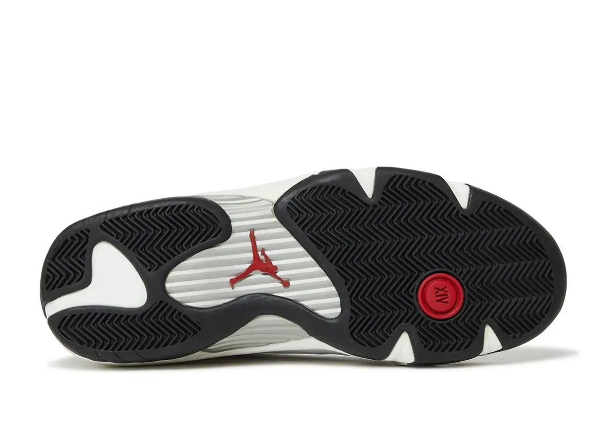 Air Jordan 14 Black Toe top-down view highlighting white leather construction