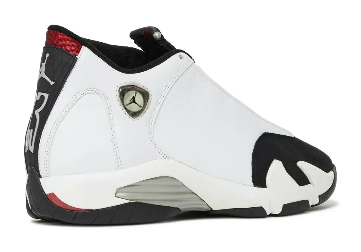 Air Jordan 14 Black Toe heel view showing black collar and Jumpman branding