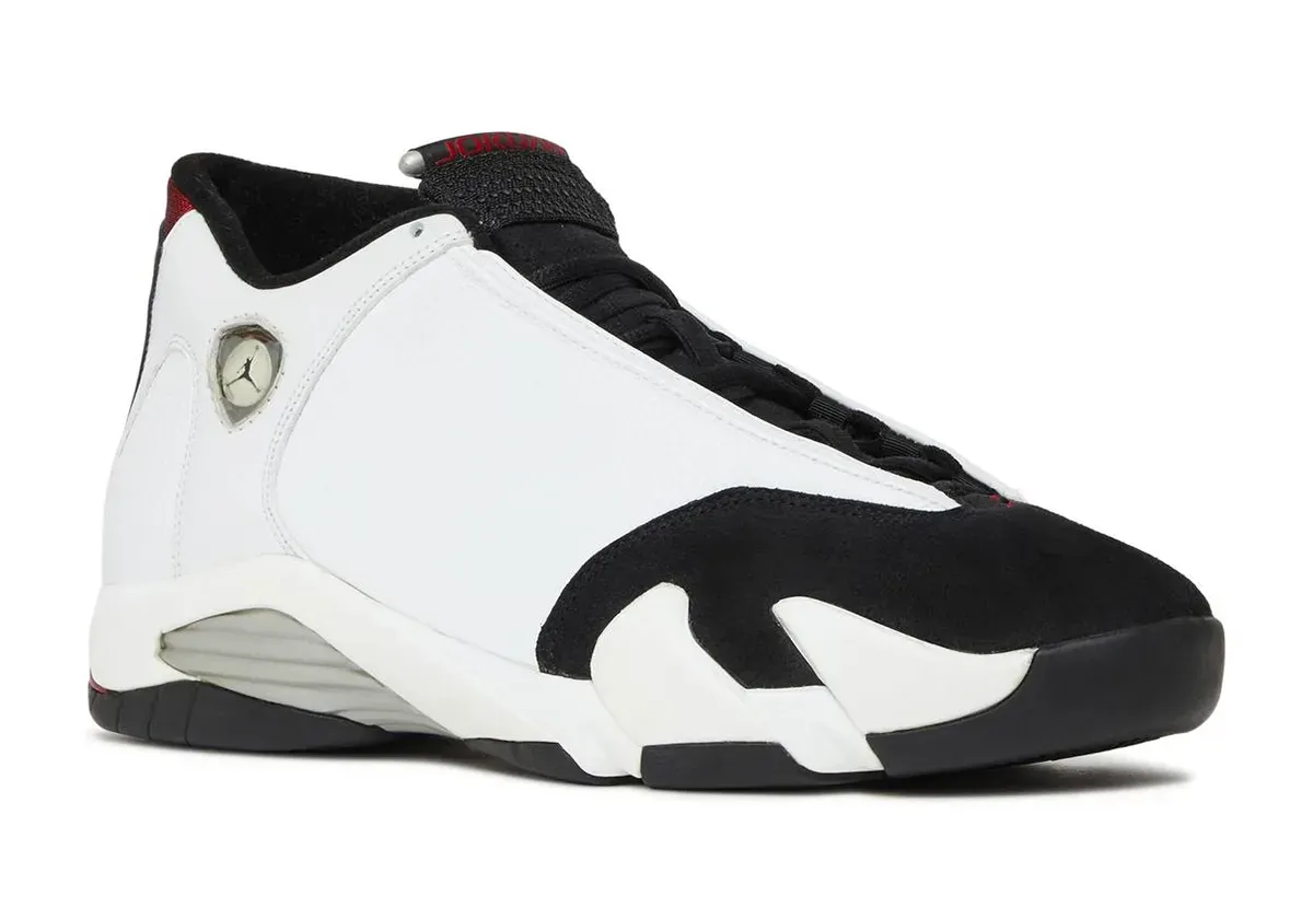 Air Jordan 14 Black Toe medial side angle displaying Ferrari-inspired emblem