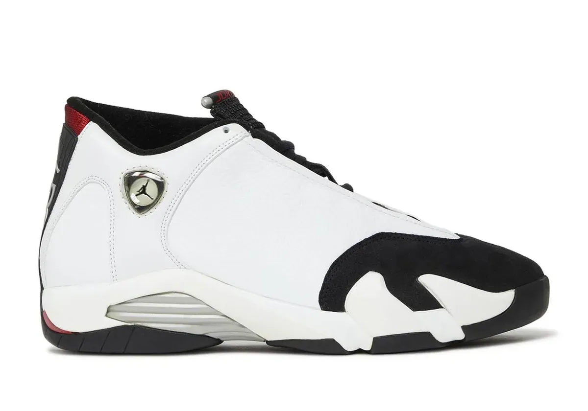 Air Jordan 14 Black Toe 2024 retro side profile view showing white leather upper and black suede toe cap