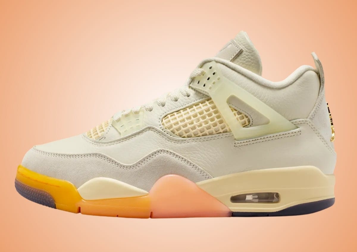 Air Jordan 4 Birds of Paradise lateral view in Coconut Milk and Bright Mango