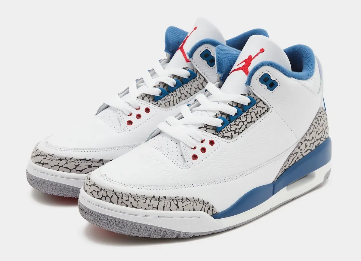 Air Jordan 3 True Blue 2026 lateral side profile, white leather with gray elephant print