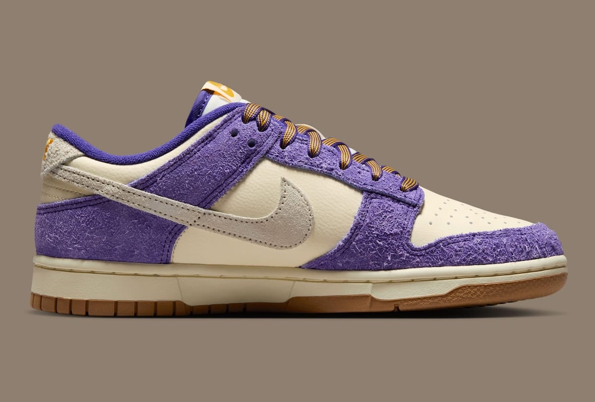 Nike Dunk Low Game Day medial view with grey suede Swoosh