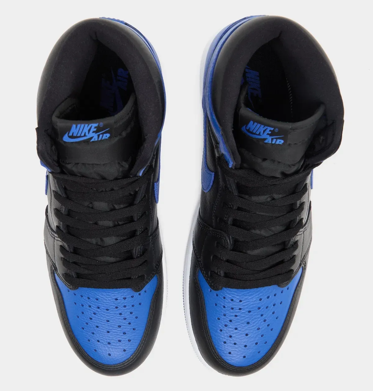 Top-down view of the Air Jordan 1 Retro High OG Royal 2026 showing the Nike Air tongue tags
