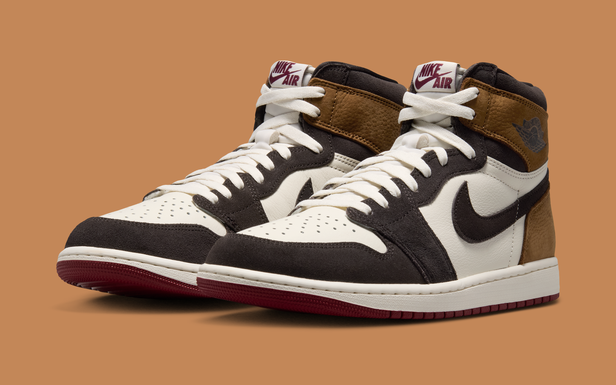 Air Jordan 1 High OG Love Letter pair in Shadow Brown, Soft Pearl and Team Red, DZ5485-201, shown with the Nike box