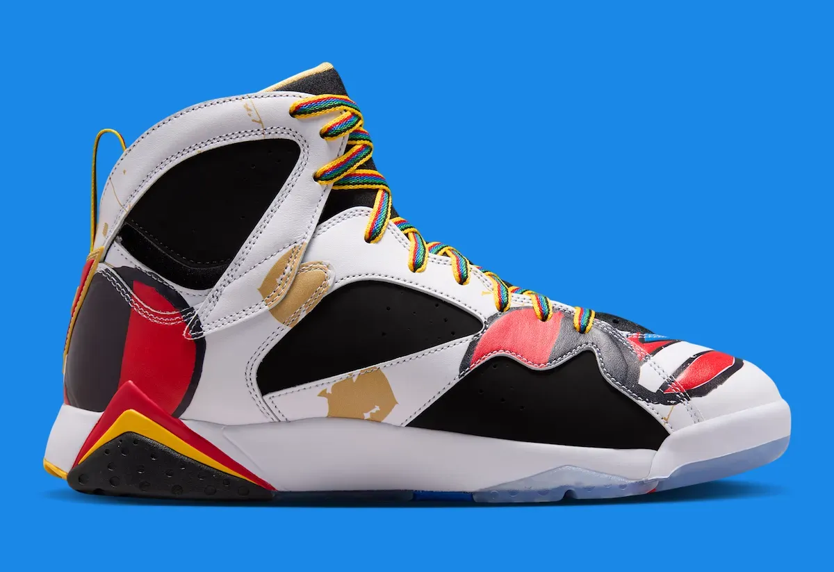 Air Jordan 7 Miro medial side showing nubuck panels and color bursts