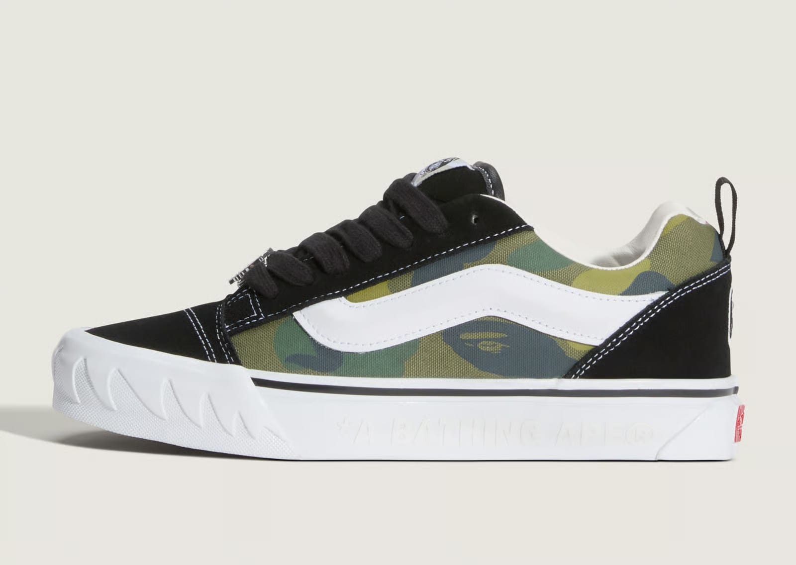BAPE x Vans Knu Skool green colorway olive camo lateral view