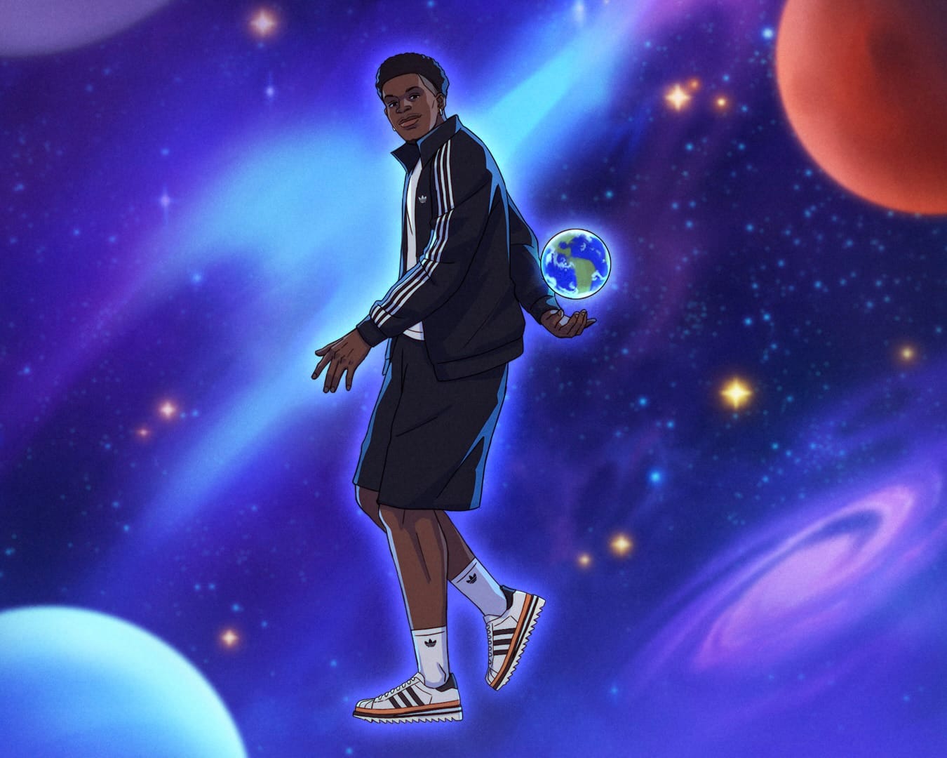 Illustrated artwork by Annie Choi depicting Anthony Edwards in Edison Chen's anime-world universe wearing the CLOT x adidas Superstar Unity Orange