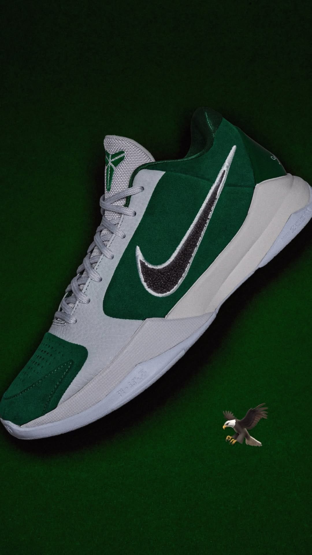 Nike Kobe 5 Protro Eagles in Pine Green with white overlays, lateral view