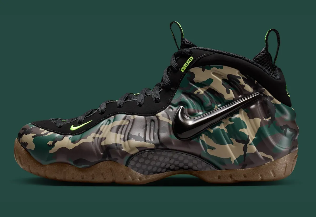 Medial view of the Nike Air Foamposite Pro Green Camo with black nubuck collar and Volt mini-Swoosh