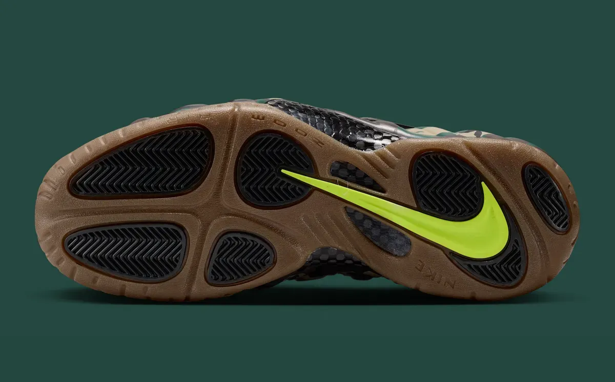 Outsole of the Nike Air Foamposite Pro Green Camo showing the gum rubber tread and Volt Swoosh