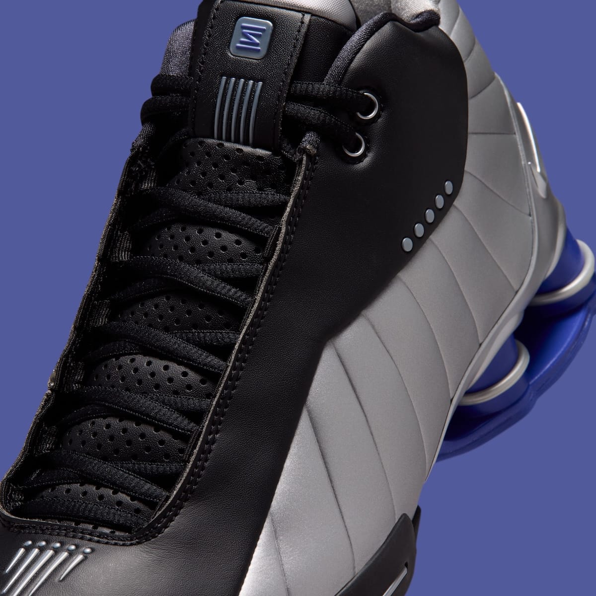 Nike Shox BB4 OG Black/Lapis close-up of tongue and lace detail