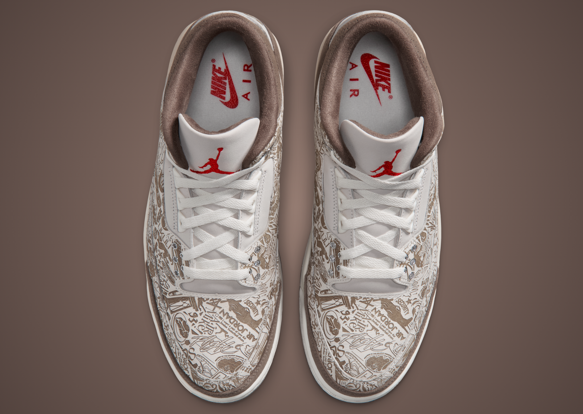 Lateral view of the Air Jordan 3 Laser in Phantom, University Red, Palomino and Sail, showing the laser-etched upper and brown suede toe and heel