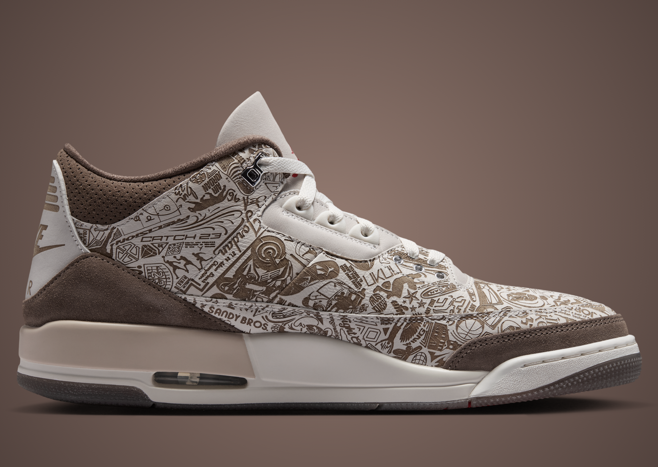 Medial side of the Air Jordan 3 Laser showing etched graphics including the Sandy Bros reference