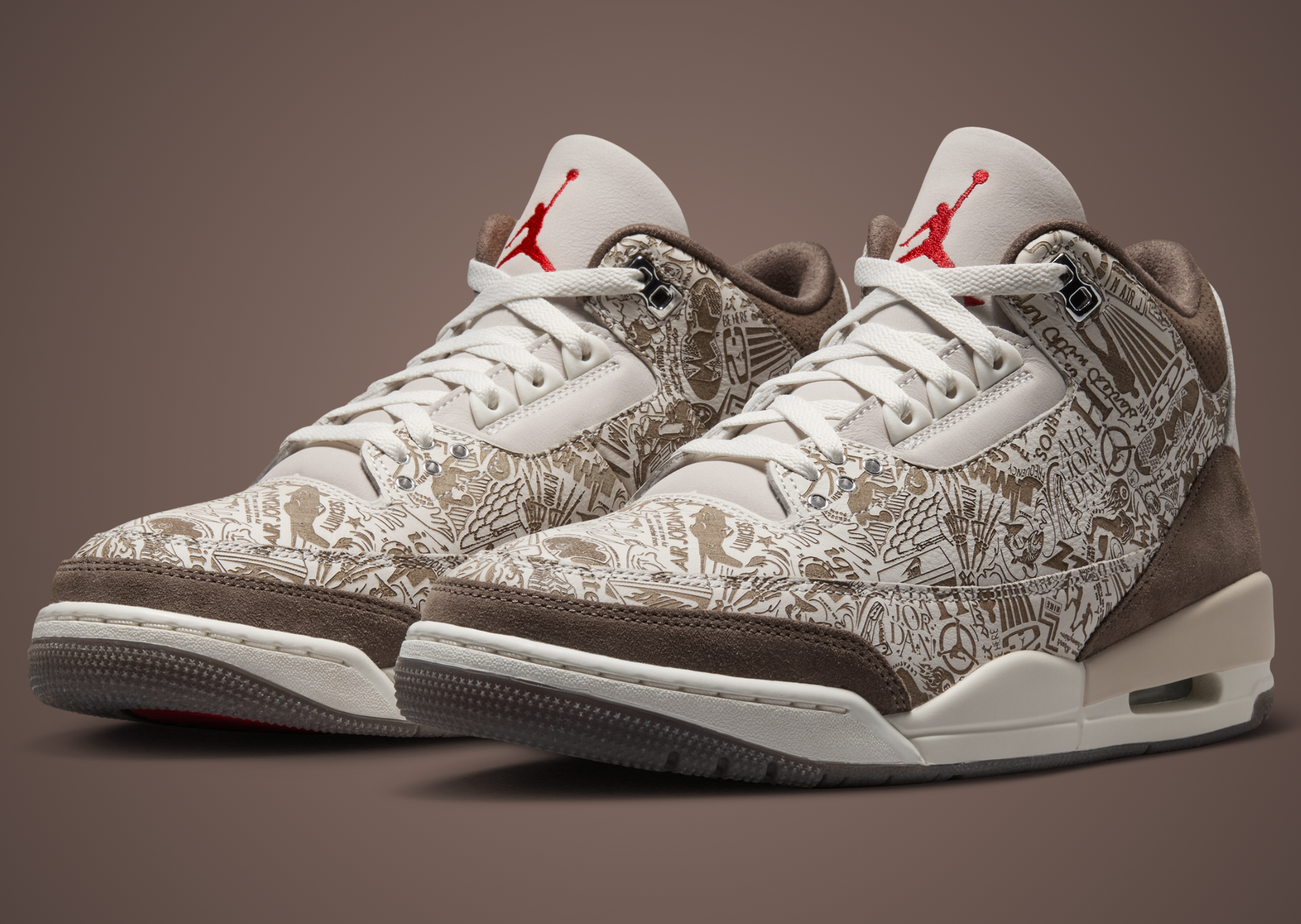 Angled pair shot of the Air Jordan 3 Laser in Phantom, University Red, Palomino and Sail