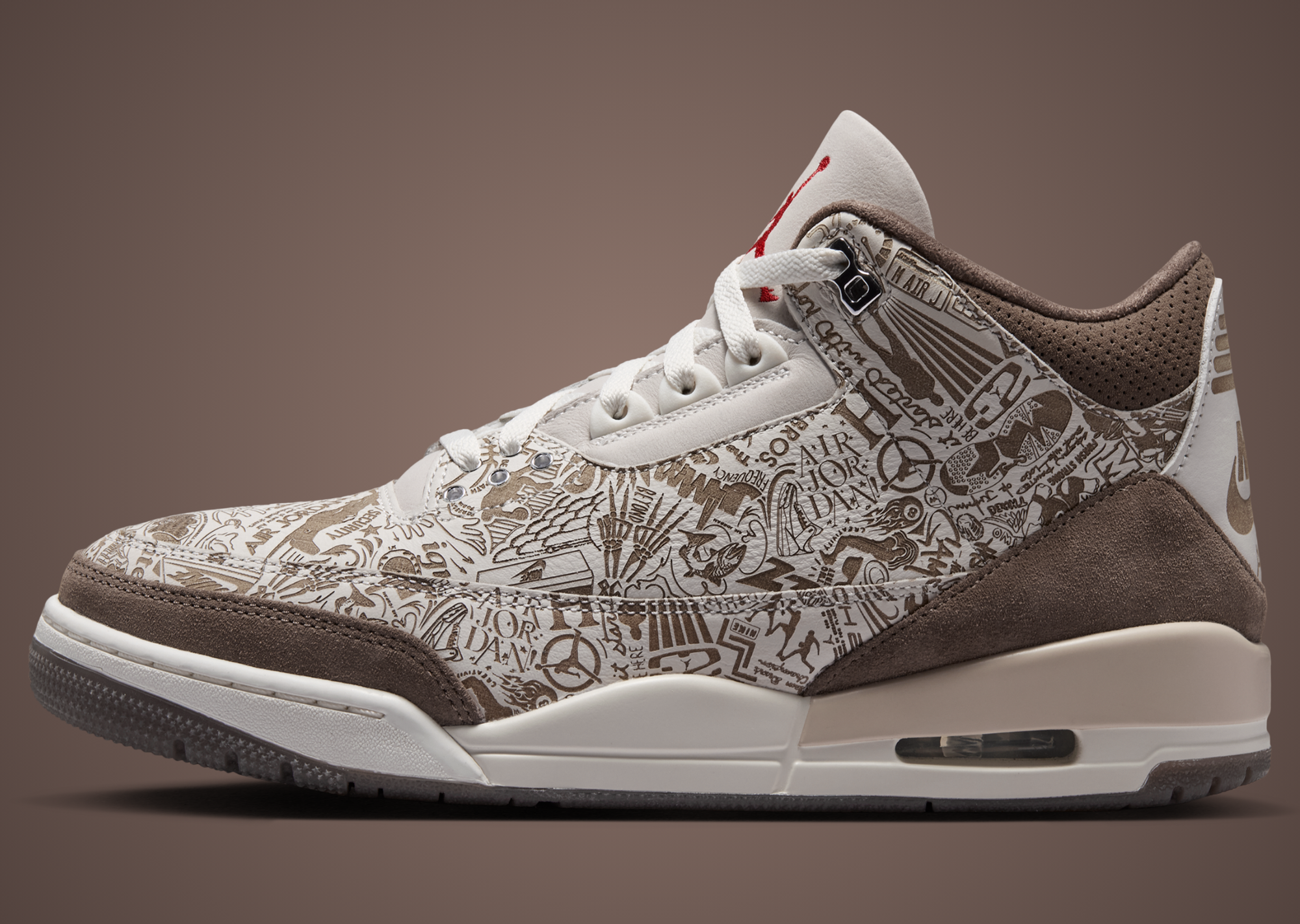 Top-down view of the Air Jordan 3 Laser showing the etched upper, brown suede collar and red Jumpman tongue logo