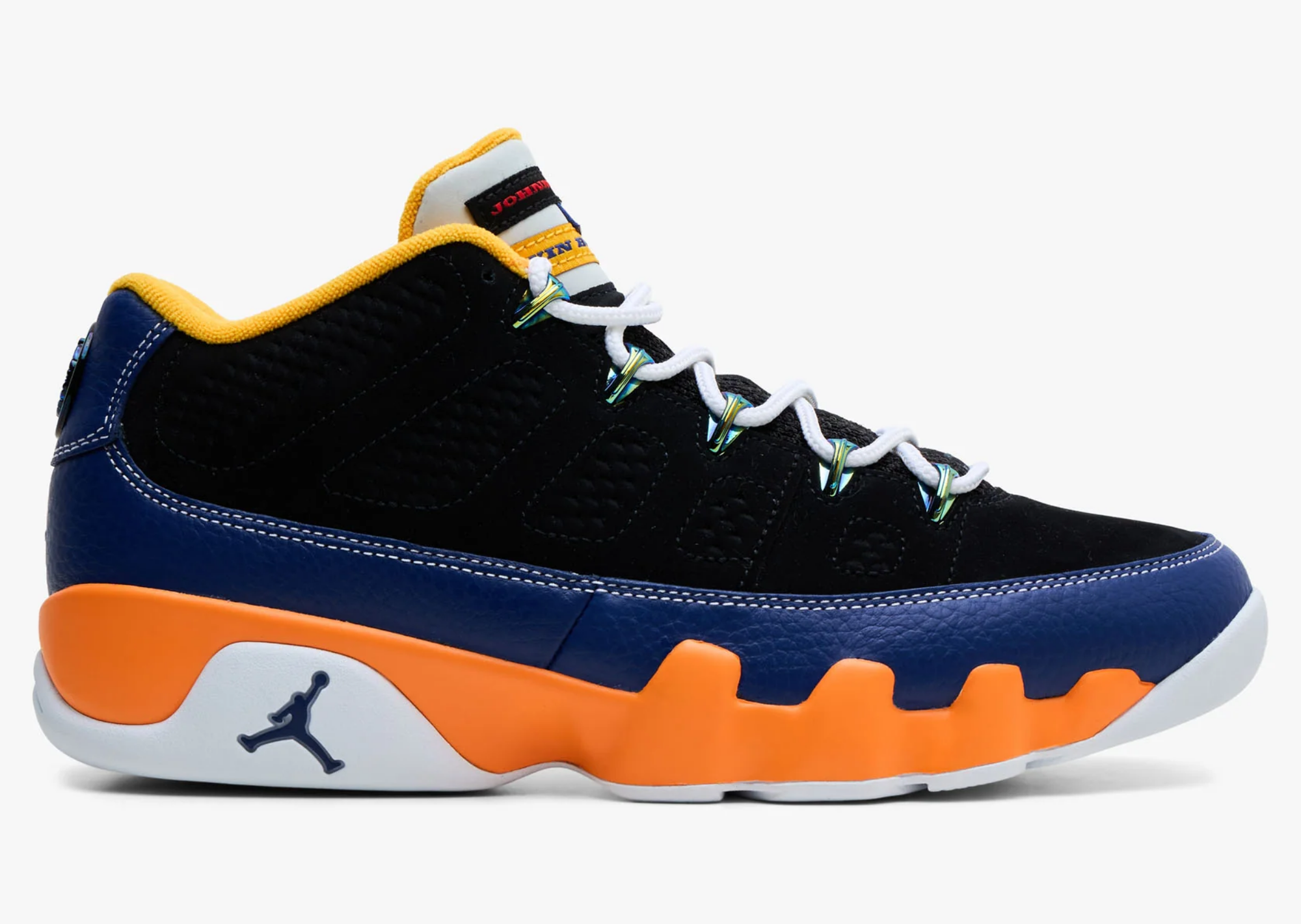 Air Jordan 9 Low What The Kilroy lateral view showing the black, blue and orange left shoe