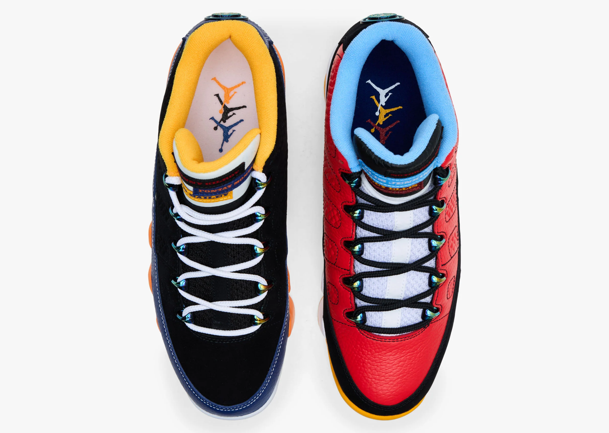 Air Jordan 9 Low What The Kilroy medial view showing the red and black right shoe