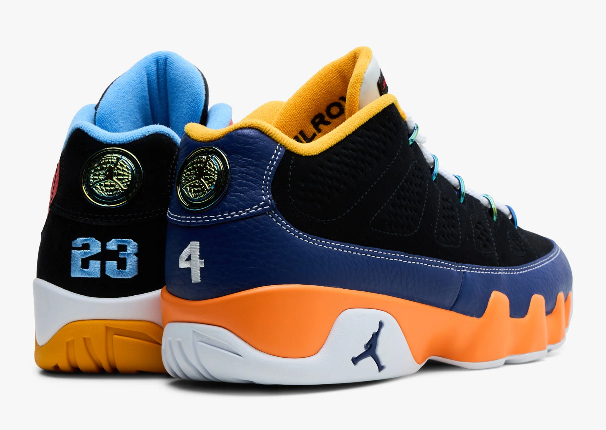 Detail view of the Air Jordan 9 Low What The Kilroy showing tongue tags and heel embroidery