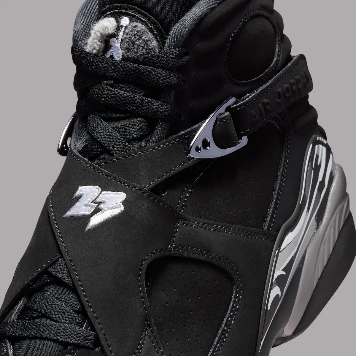 Air Jordan 8 Chrome 305381-007 top-down view showing the chenille tongue logo