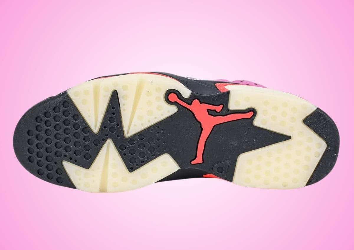 Outsole of the Awake NY x Air Jordan 6 Playful Pink showing the translucent tread and Infrared Jumpman logo