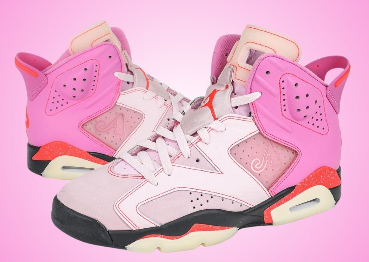 Awake NY x Air Jordan 6 Playful Pink pair shown at an angle showing the split pink upper and Infrared 23 accents
