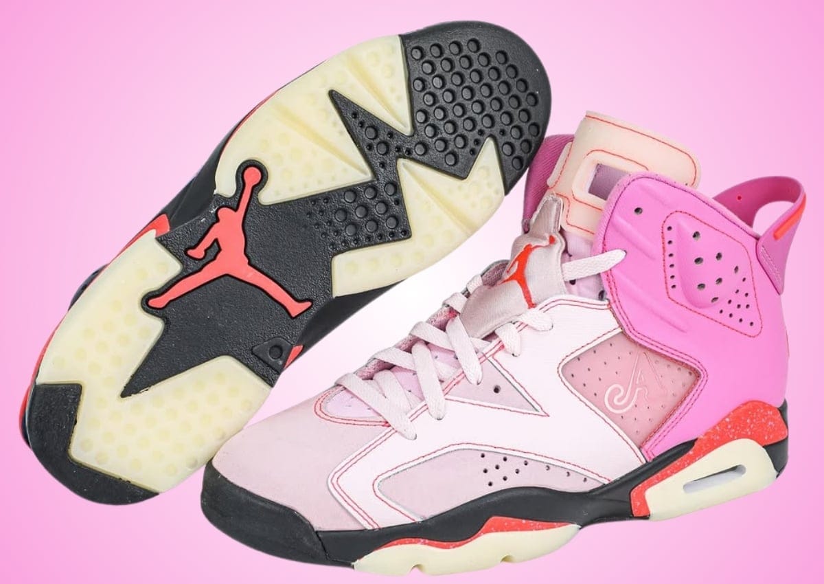 Medial side and outsole of the Awake NY x Air Jordan 6 Playful Pink showing the translucent sole and Infrared Jumpman