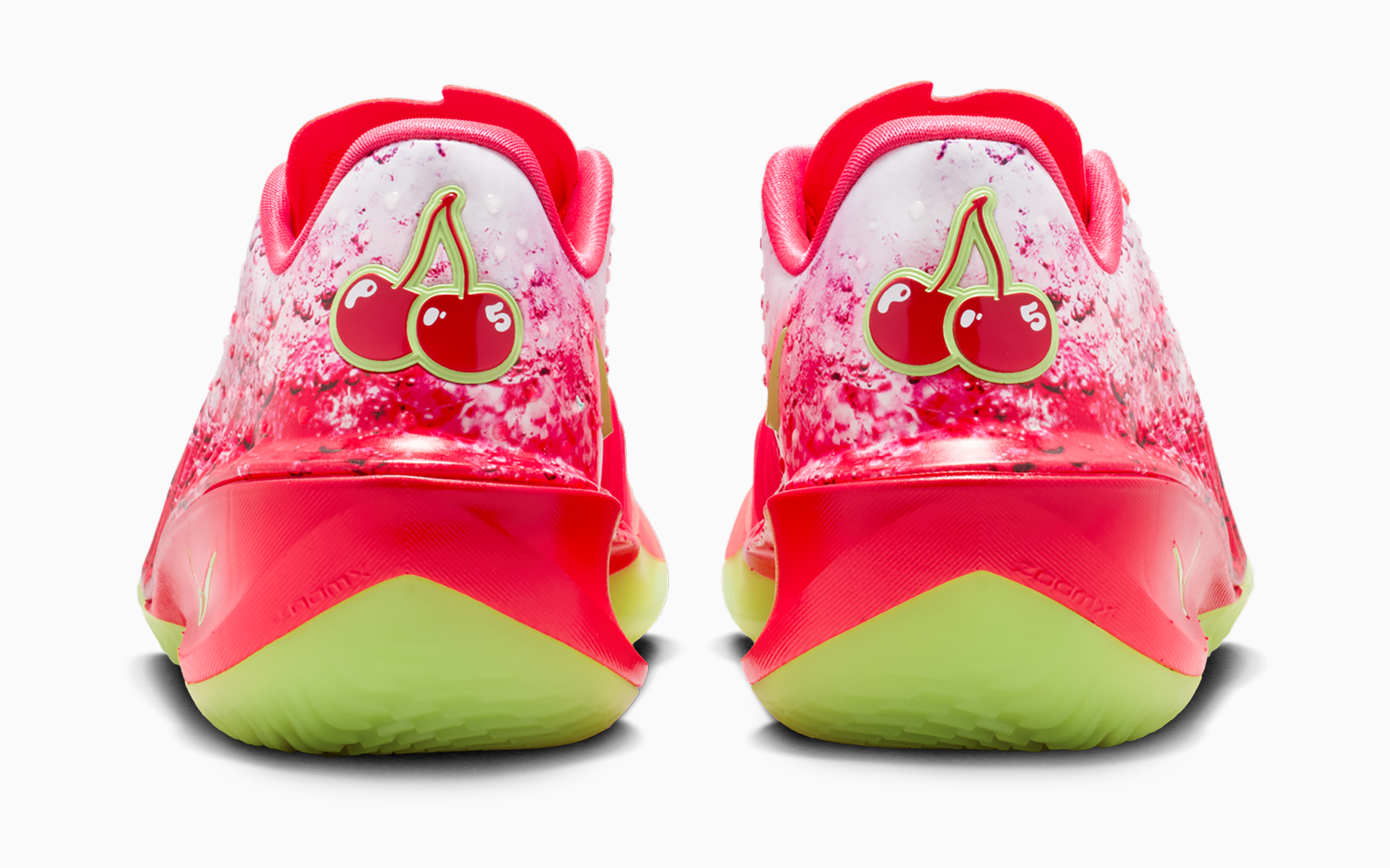 Heel view of the Nike GT Cut 4 Shirley Buckets showing double cherry graphics stamped with a P and a 5
