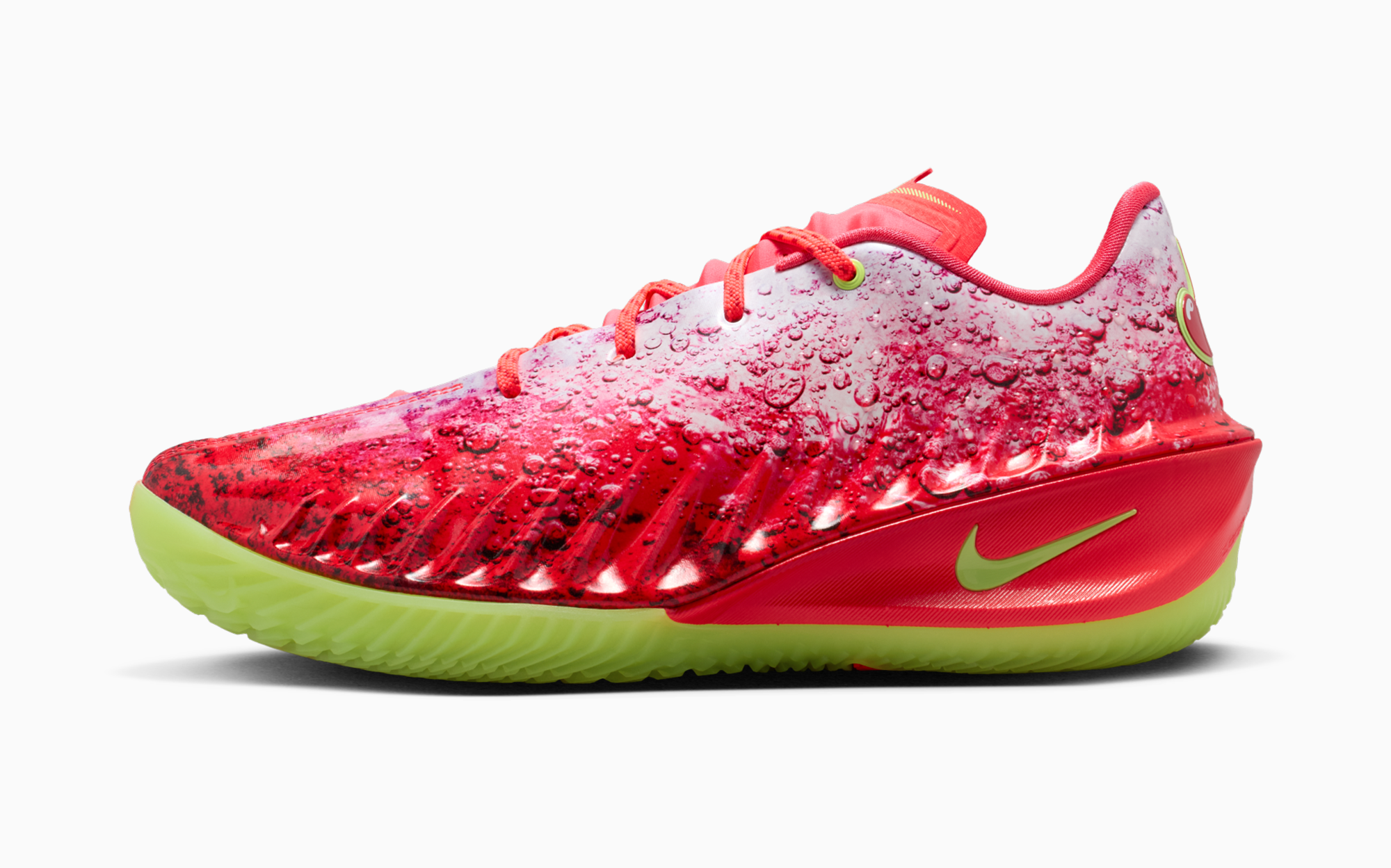 Lateral profile of the Nike GT Cut 4 Shirley Buckets showing the red syrup and bubble graphic across the upper