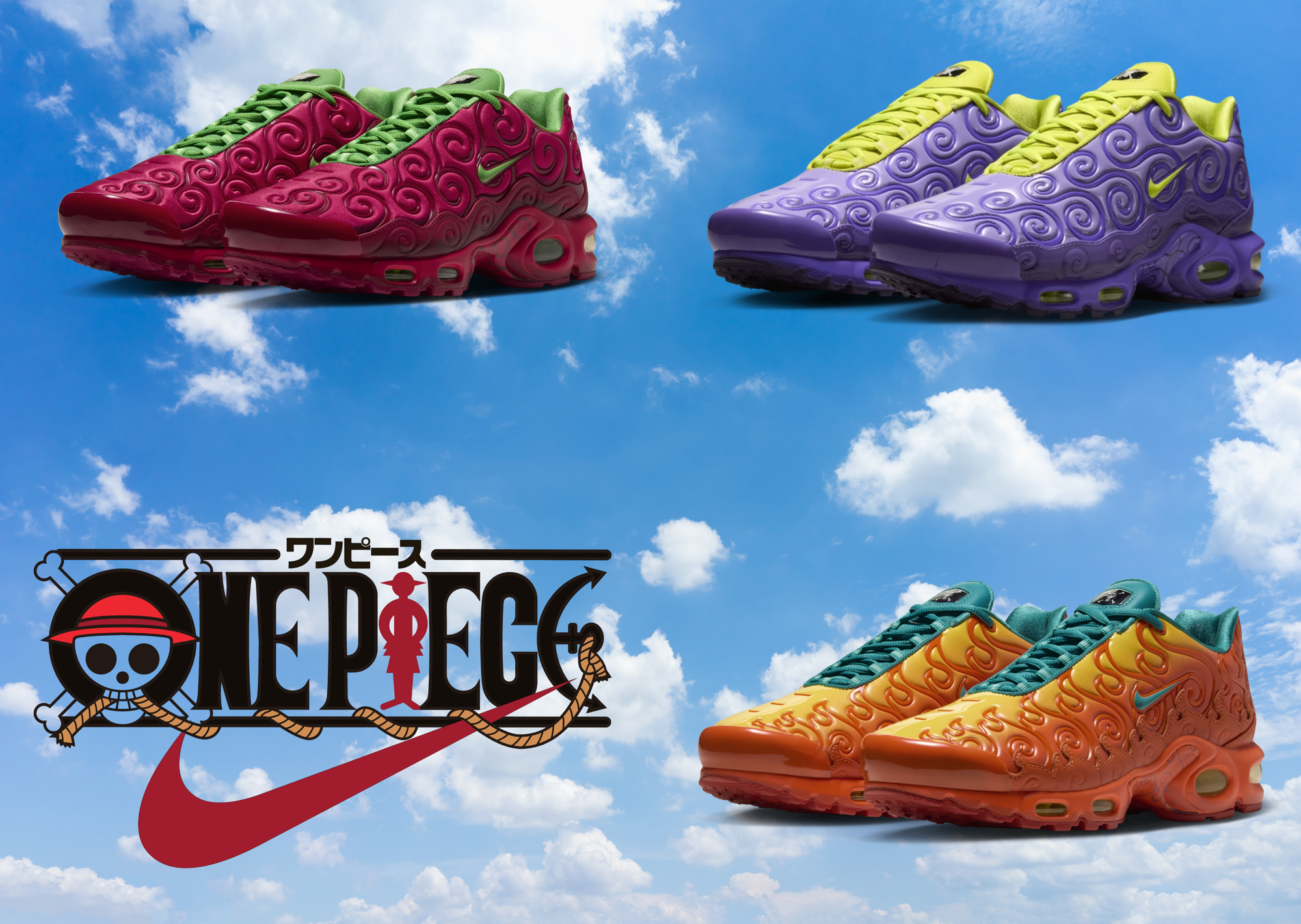 All three One Piece x Nike Air Max Plus colorways - Gomu Gomu no Mi, Mera Mera no Mi and Ope Ope no Mi
