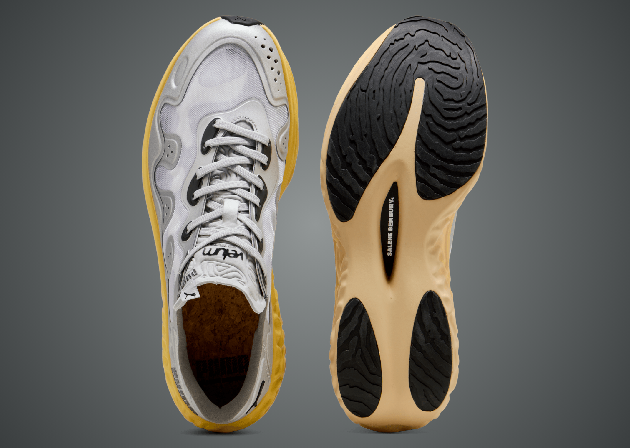 Salehe Bembury x PUMA Velum 2 NITRO Alloy, alternate angle showing the pale yellow NITROFOAM midsole