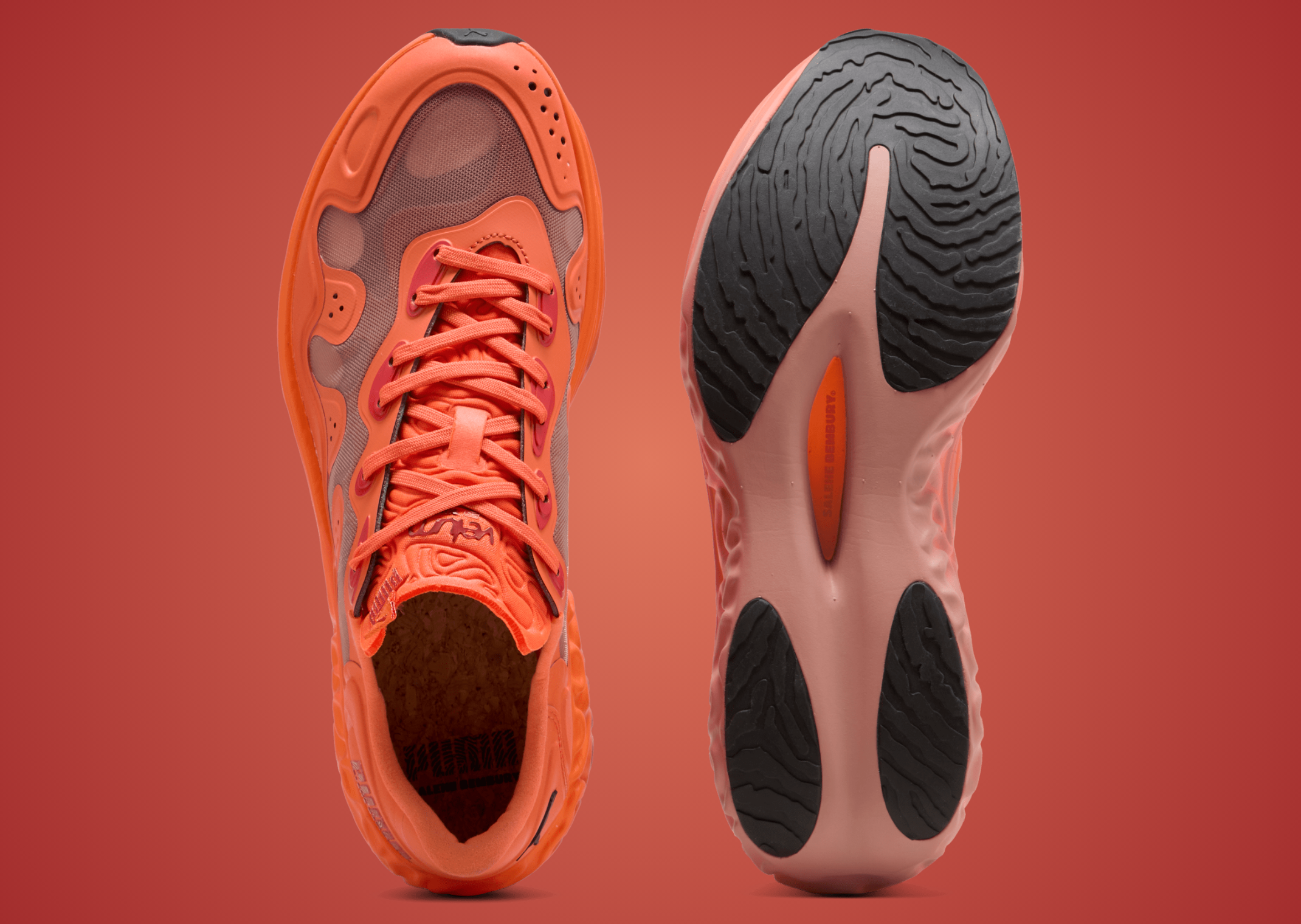 Salehe Bembury x PUMA Velum 2 NITRO Terracotta, detail of the red mesh underlay and wave-edged overlay panels