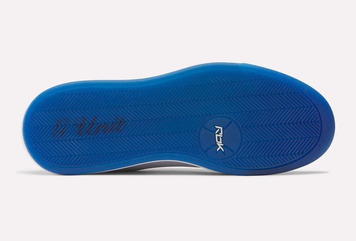 Translucent blue outsole of the Reebok G-Unit G6 with the Rbk circle logo and a G Unit script in the tread