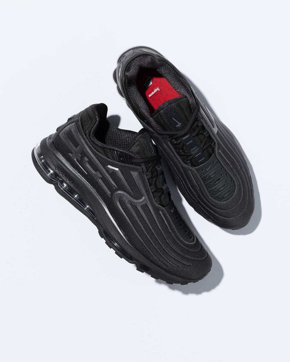 Lateral view of the Supreme x Nike Air Max 2001 Air Ecstasy in Black/Black-White-Multi-Color