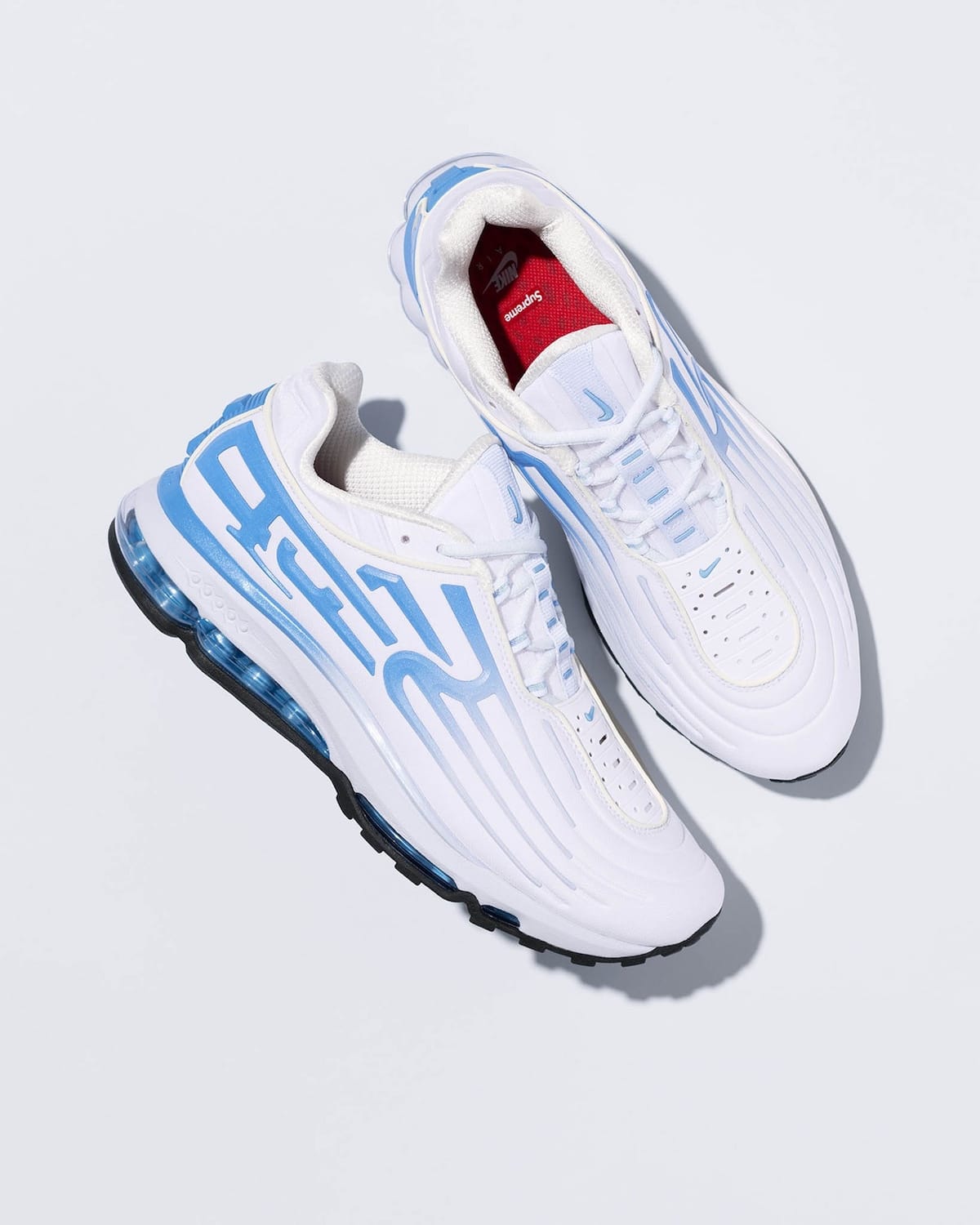 Lateral view of the Supreme x Nike Air Max 2001 Air Ecstasy in White/University Blue-Black-Multi-Color