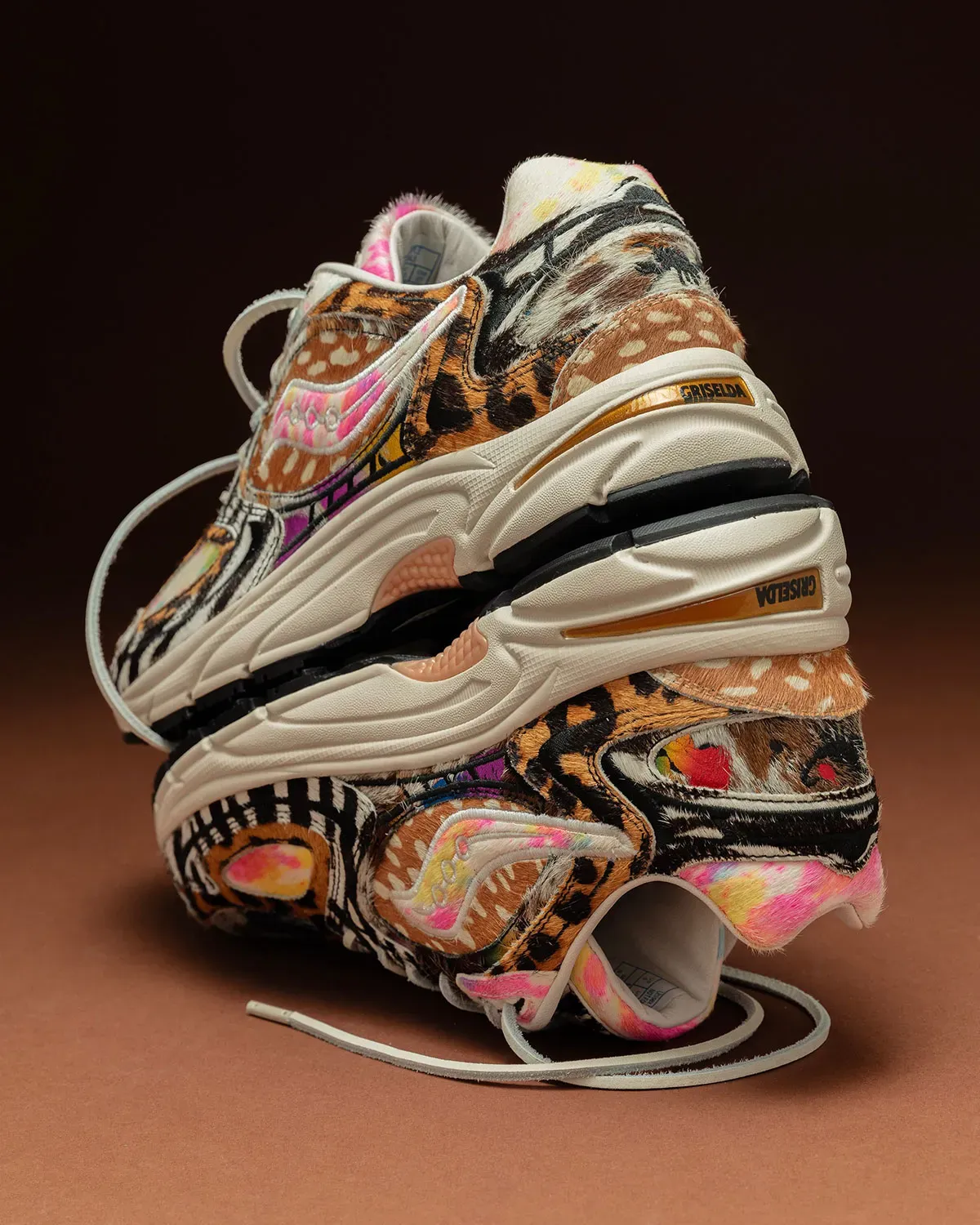 Lateral view of the Westside Gunn x Saucony Grid Jazz 9 Awesome Gods in mixed animal print