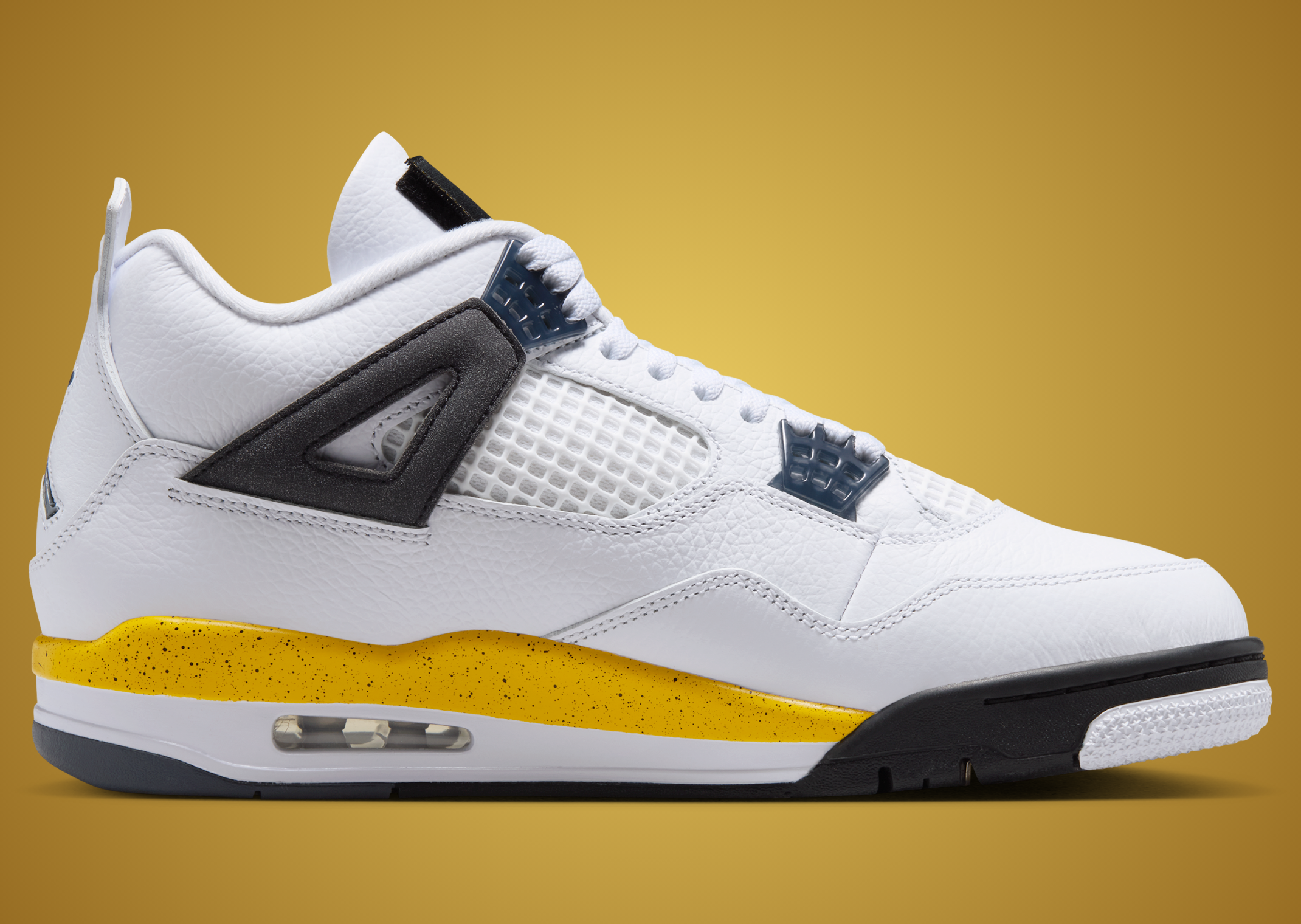Air Jordan 4 Tour Yellow 2026 medial side showing black lace wings and metallic silver endpoints