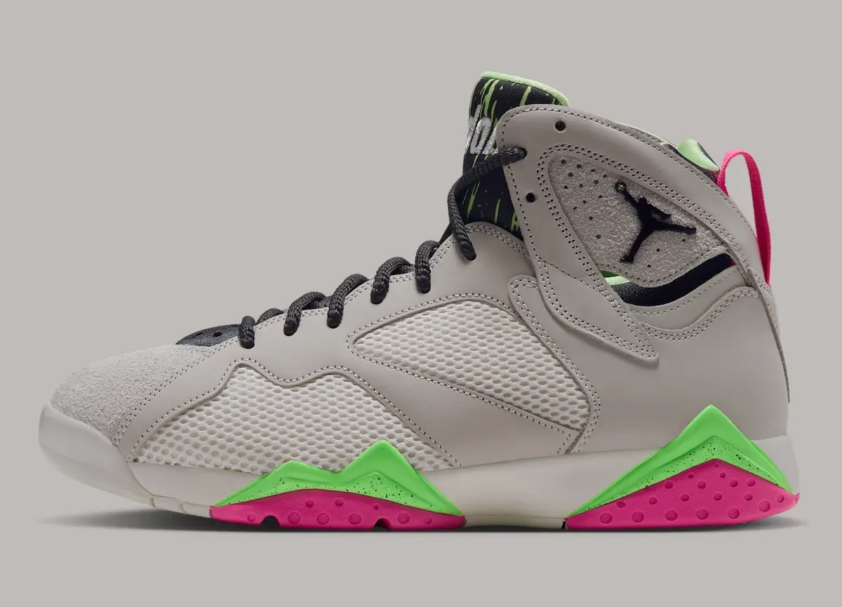 Air Jordan 7 Tennis Day IV6508-030 lateral view in Phantom with pink and green accents
