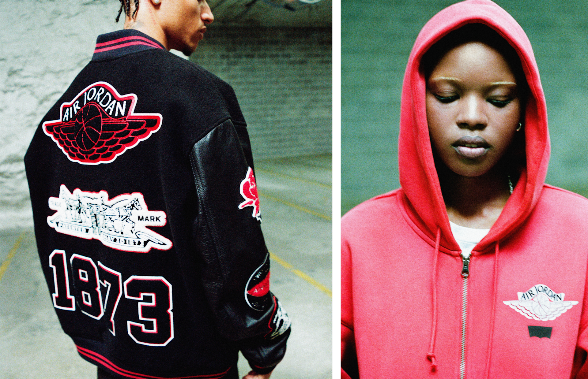 Levi's x Jordan Brand varsity jacket with Wings patch and 1873 numbers, and a red zip-up hoodie