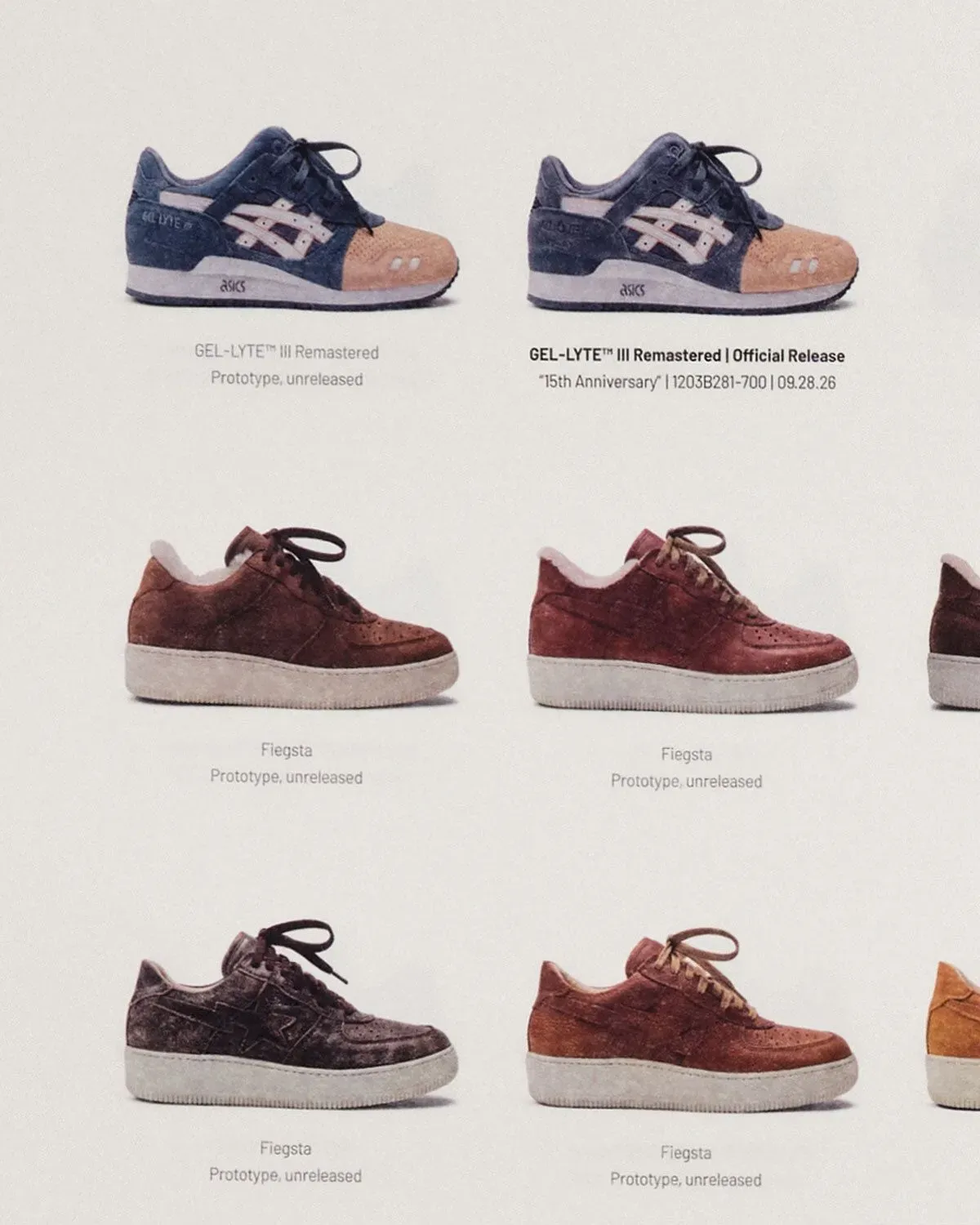 Catalog page showing the ASICS Gel-Lyte III Remastered Salmon Toe prototype beside the official 2026 release