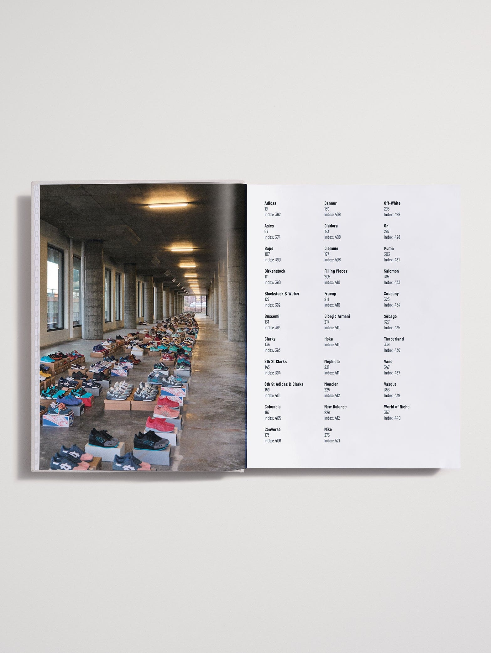 Kith: The Footwear Archive spread showing a corridor of archived shoeboxes and a brand index