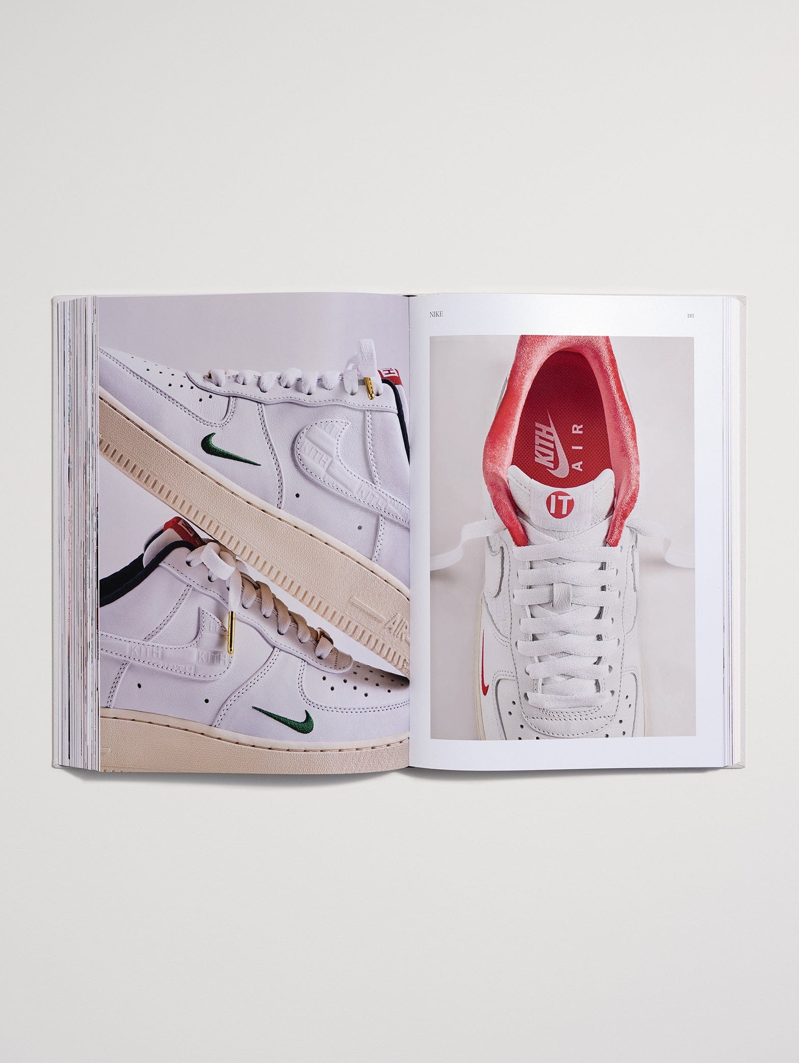 Kith: The Footwear Archive spread of a white Kith x Nike Air Force 1 with a Kith-branded insole