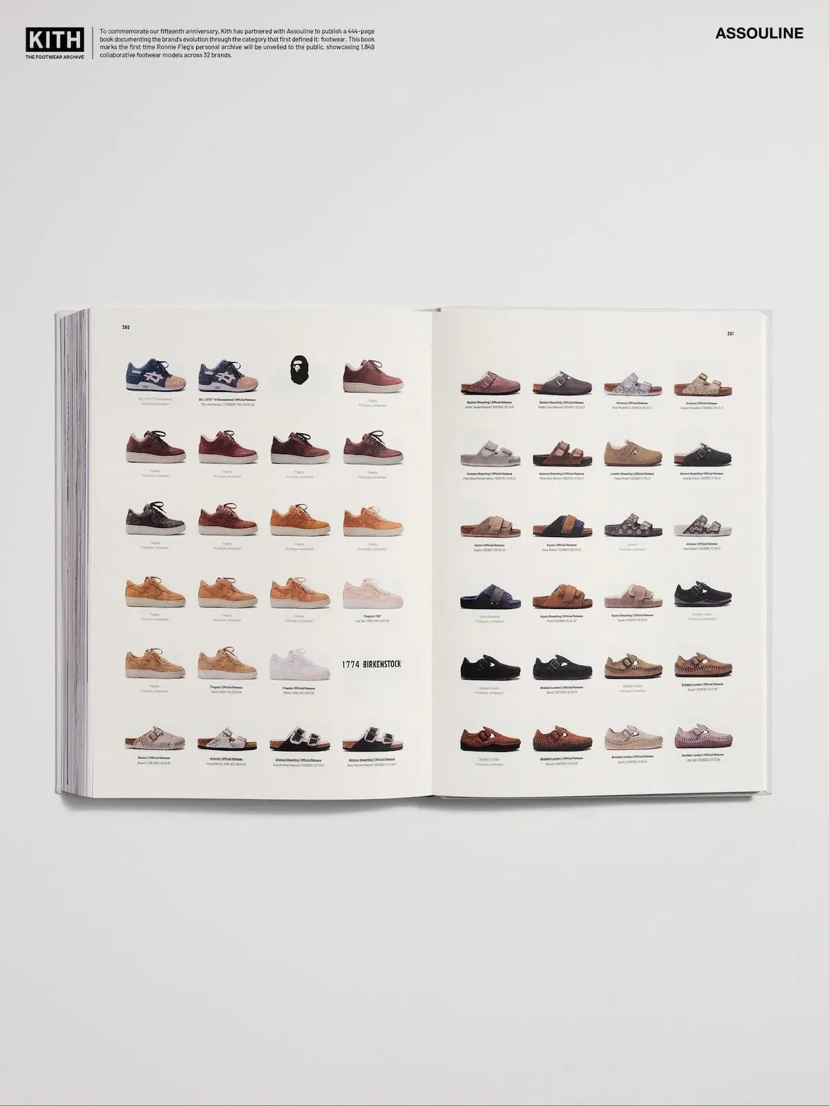 Kith The Footwear Archive Assouline book open to a spread of Ronnie Fieg collaborations including the ASICS Gel-Lyte III Salmon Toe