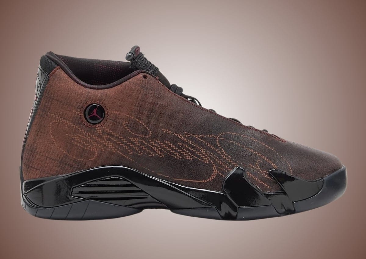 Mowalola x Air Jordan 14 lateral side profile in burnt red suede