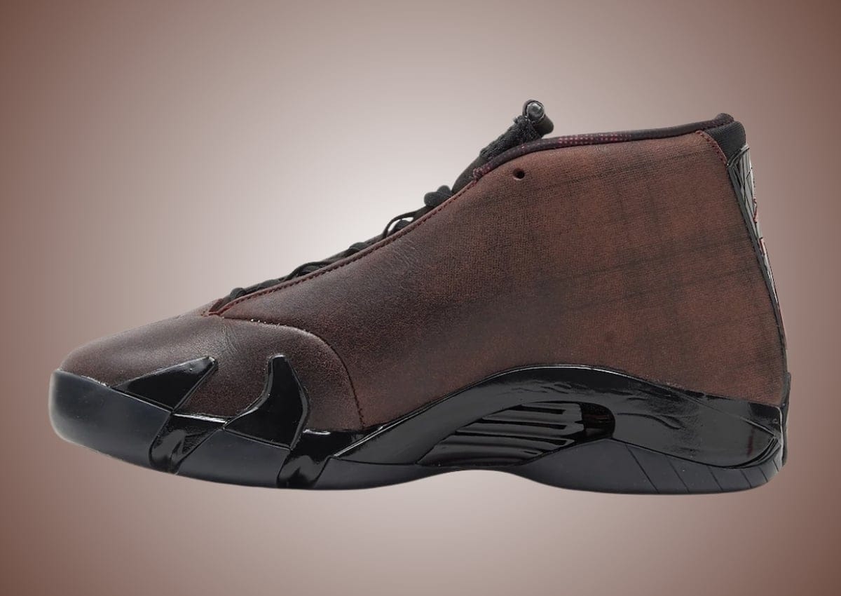 Mowalola x Air Jordan 14 medial side showing the Ferrari-inspired shield badge