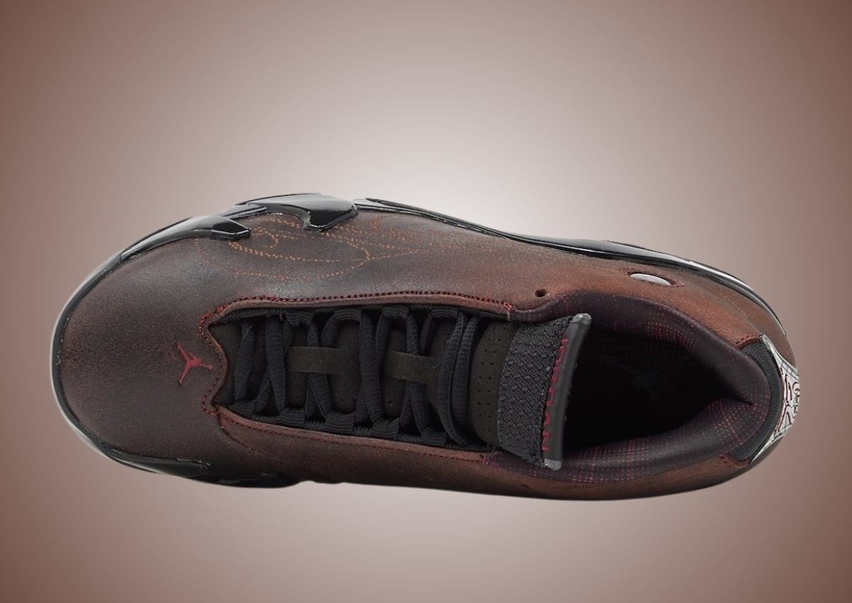 Mowalola x Air Jordan 14 top-down view of the burnt red suede upper and lacing