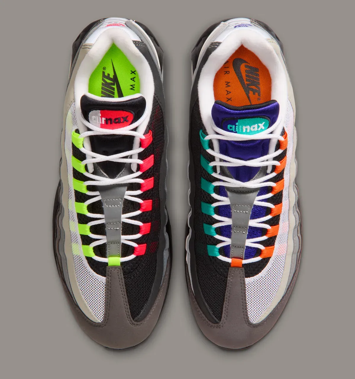 Nike Air Max 95 Big Bubble Greedy 2026 top-down view of both shoes showing mismatched accents