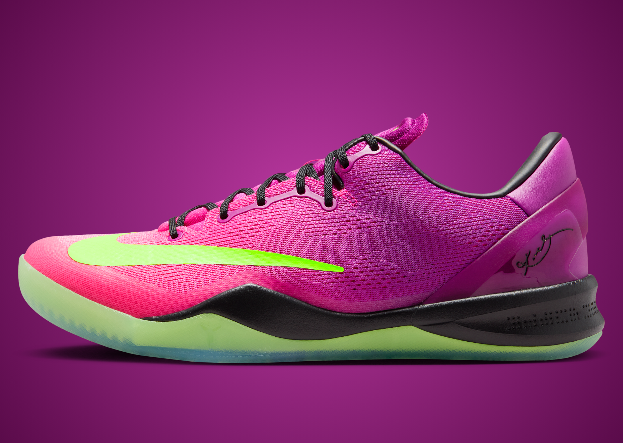 Lateral side of the Nike Kobe 8 Protro Mambacurial showing the Electric Green Swoosh