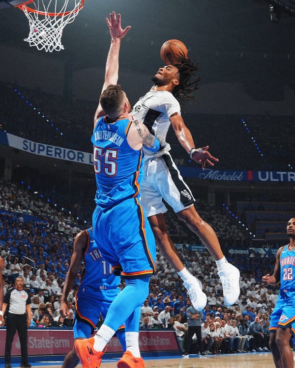 Spurs and Thunder battle inside Paycom Center in Game 2 of the 2026 Western Conference Finals.