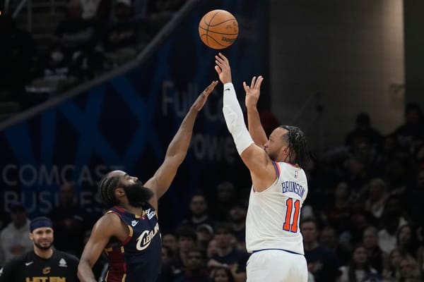 Jalen Brunson shoots a jumper over a Cleveland Cavaliers defender during Game 3 of the 2026 Eastern Conference Finals.